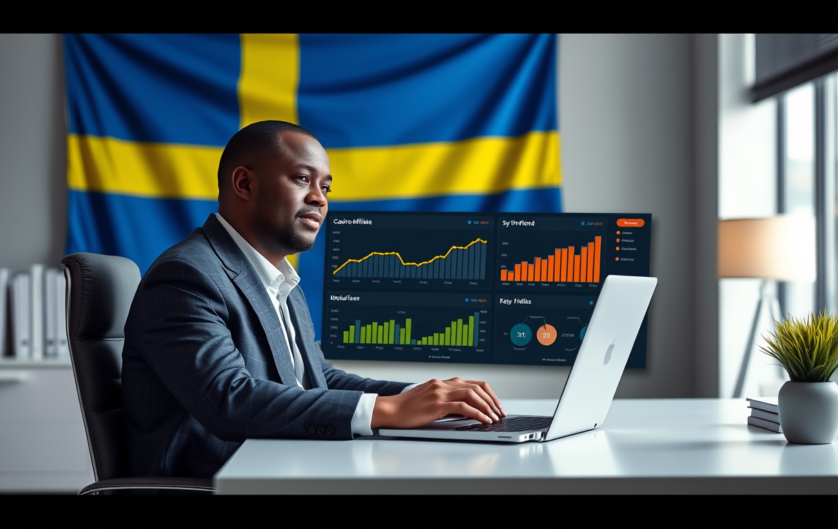 Person vid skrivbord med laptop som visar affiliate-dashboard och svensk flagga i bakgrunden.