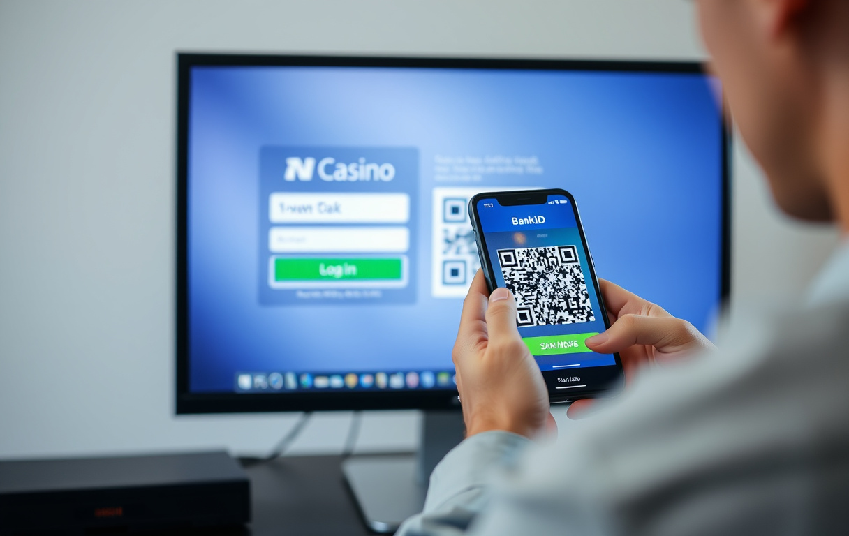 Person som loggar in på casino med BankID via QR-kod på datorn.