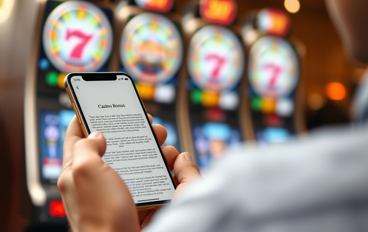 Person som läser bonusvillkor på mobil med slots i bakgrunden.